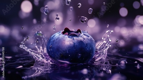 A juicy blueberry falling into water, surrounded by vibrant splashes and droplets, creating a fresh and dynamic scene