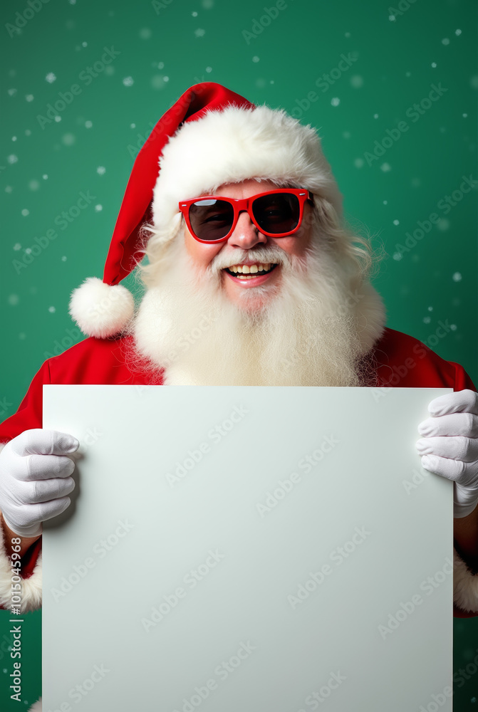 Fröhlicher Weihnachtsmann mit Sonnenbrille und leerem Schild