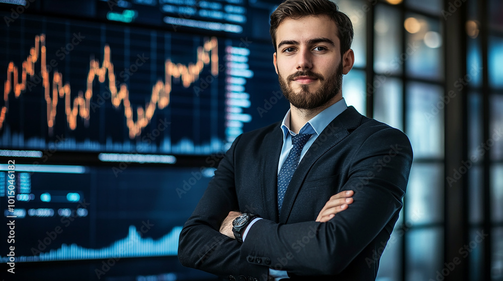 Businessman with arms crossed in front of a stock market graph modern portrait investment background analysis Businessman with arms crossed in front of a stock market graph modern portrait investment background analysis
