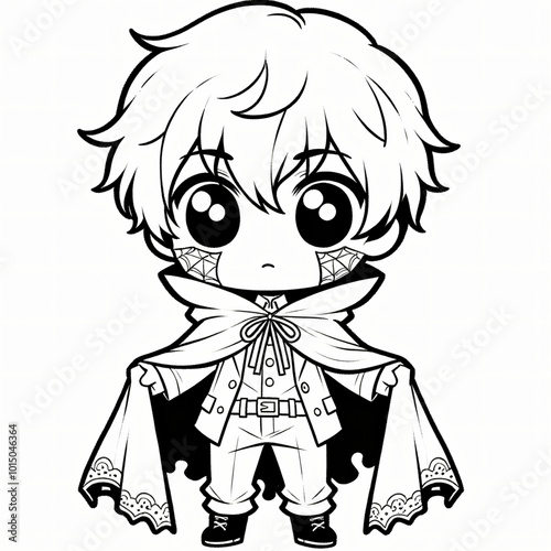 Pages for coloring in black and white Kids' Halloween. Manga boy dressed up in a Halloween costume