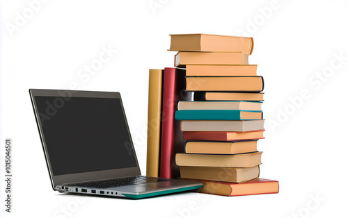 Stacked for Success Books and Laptop E-Learning, Isolated on a white background. Generative AI