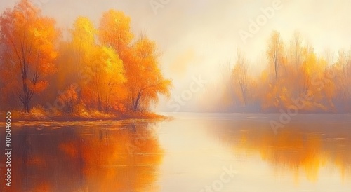 Peaceful Nature Scene with Fall Foliage and Mountains in the Distance - Colorful Autumn Landscape with Calm Lake Reflections