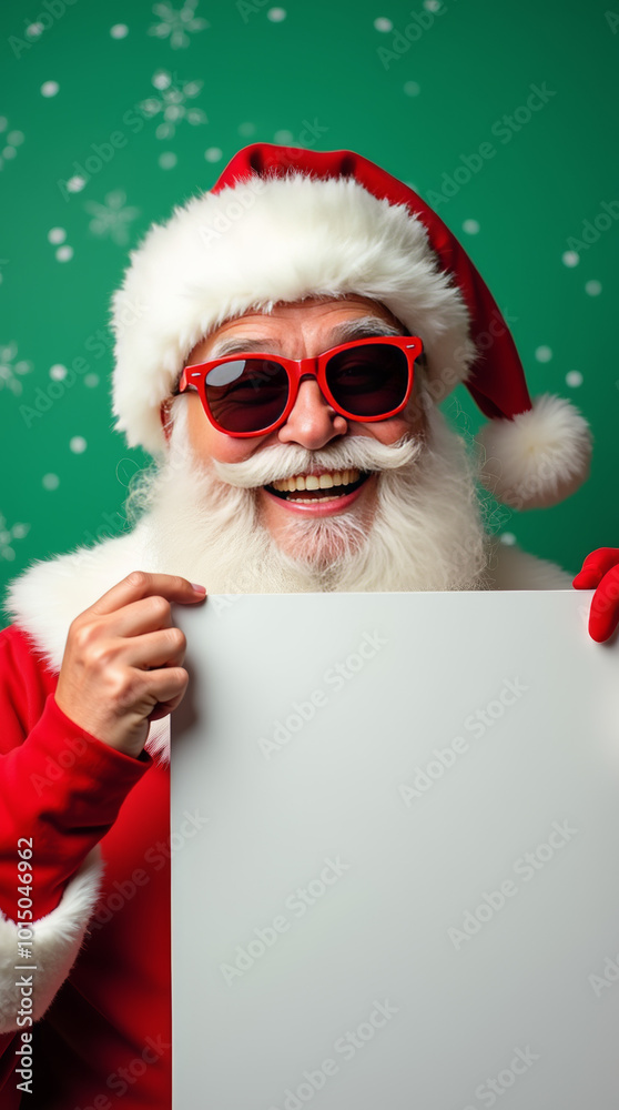 Naklejka premium Fröhlicher Weihnachtsmann mit Sonnenbrille und leerem Schild