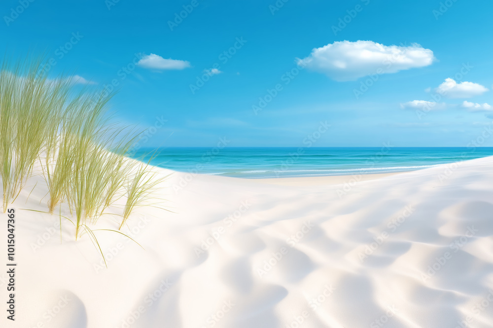 Serene beach landscape with soft sand dunes and gentle waves under a clear blue sky Serene beach landscape with soft sand dunes and gentle waves under a clear blue sky