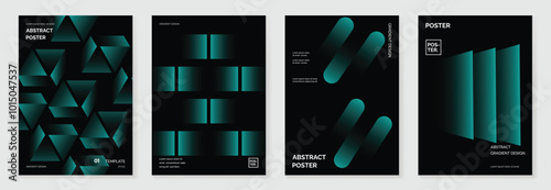 Modern gradient poster background vector set. Minimalist cover template with monotone perspective geometric prism shapes, halftone collection. Ideal design for social media, cover, banner, flyer.