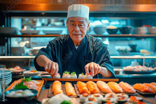 Cheerful sushi chef preparing sushi in a restaurant in an open kitchen. photo