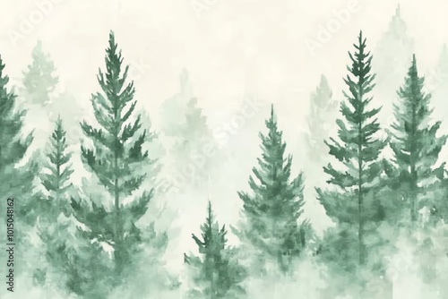 Watercolor illustration of evergreen trees in a misty forest setting, conveying tranquility and natural beauty in soft green hues.