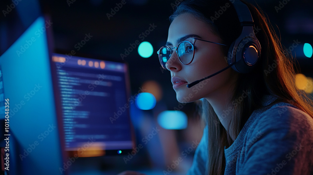 Customer support specialist resolving client inquiries using chat software in a modern tech office. Customer support specialist resolving client inquiries using chat software in a modern tech office.