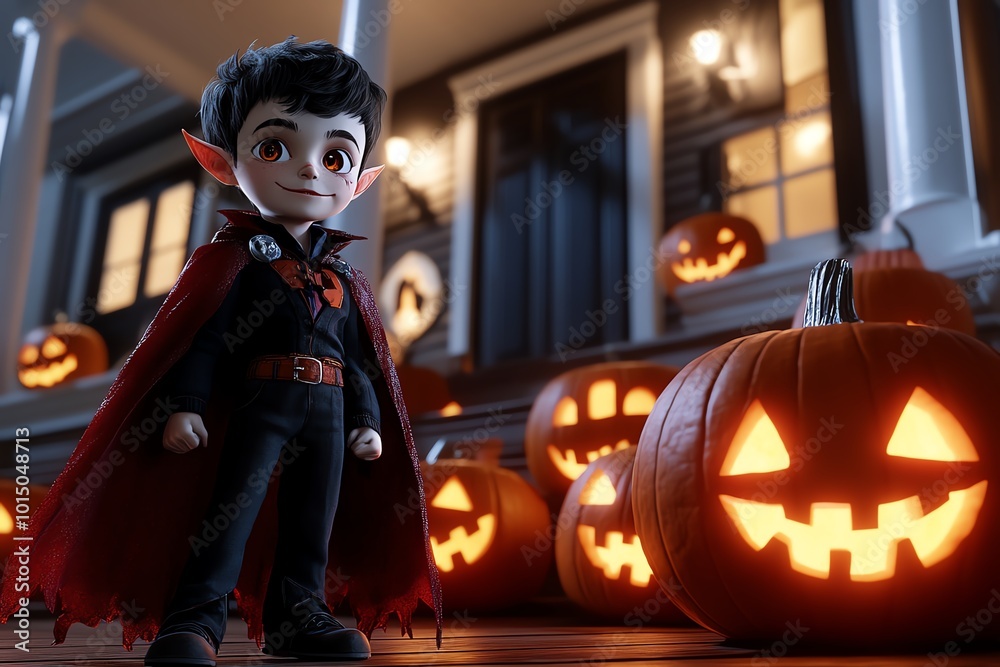 3D model of a boy vampire standing on a porch, with detailed textures of his cape and glowing pumpkins lining the steps 3D model of a boy vampire standing on a porch, with detailed textures of his cape and glowing pumpkins lining the steps