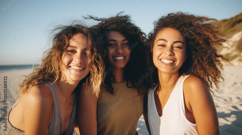 Group of diverse young people having fun at the beach in summer. Concept of happy lifestyle friendship with multicultural young people