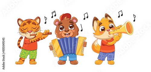 Cartoon Cute Animals Tiger, Bear and Cat Enjoying Musical Performance Playing Various Musical Instruments