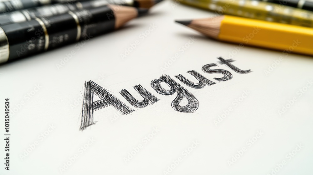 A creative display of the word August drawn with colored pencils on white paper A creative display of the word August drawn with colored pencils on white paper