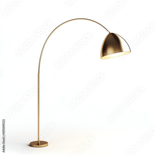 Modern gold arc floor lamp with a minimalist design on a white isolated background.