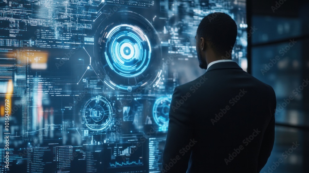 A business leader utilizing AI automation technology to streamline data-driven decision-making, with advanced analytics tools visible on screen A business leader utilizing AI automation technology to streamline data-driven decision-making, with advanced analytics tools visible on screen