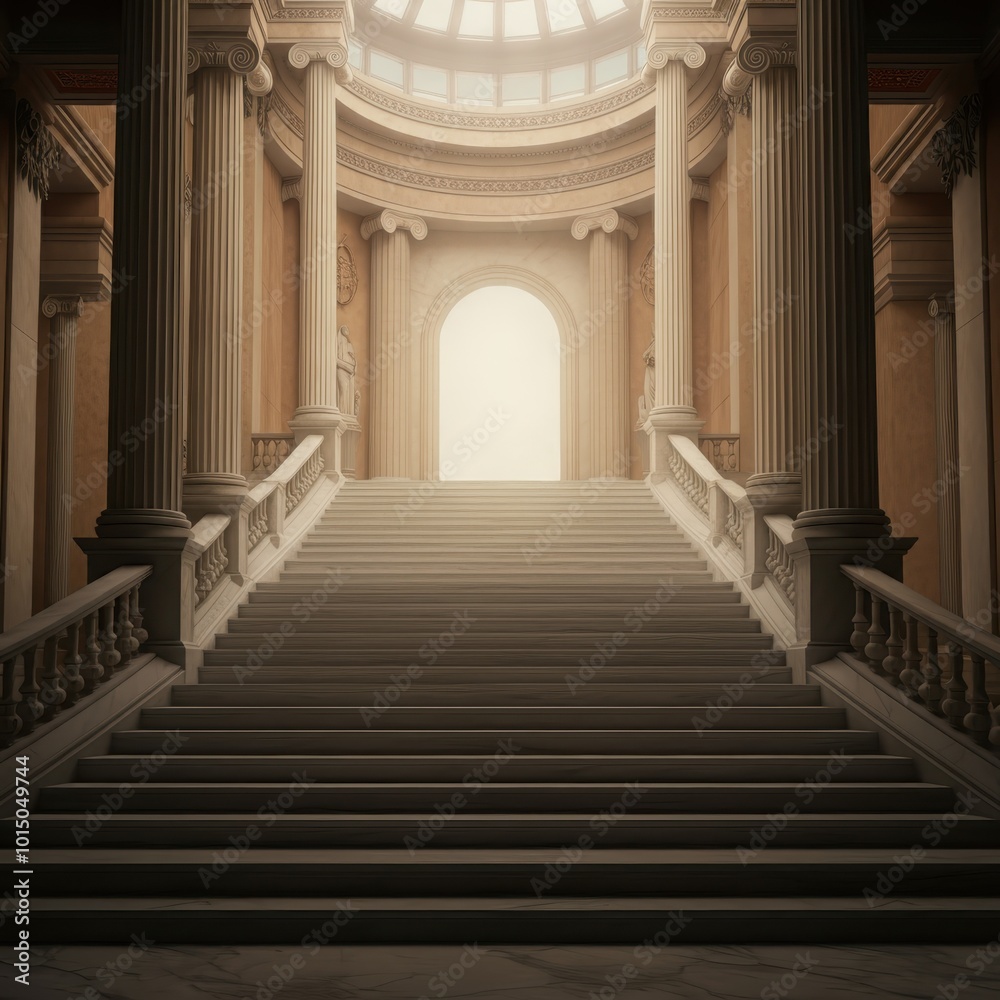 Fototapeta premium Interior marble stairs with pillars and columns in a palace, castle, or theater set against a white backdrop.