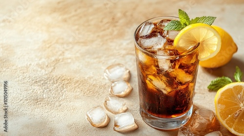 A Long Island iced tea cocktail with ice, a slice of lemon, and mint, styled against a soft beige background.
