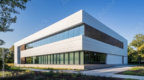 Modern white office building with large windows and brown brick accents.