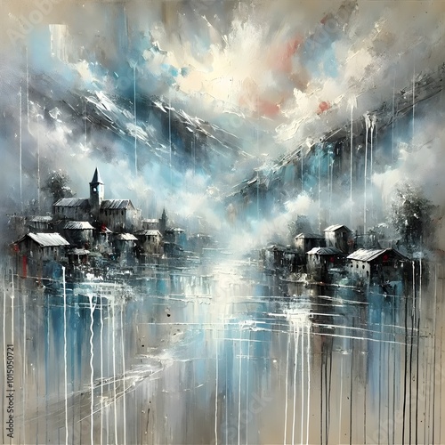 A painting that captures the essence of rain through abstract art. 