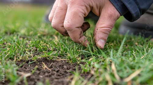 A close inspection of grass by a man's hand, revealing healthy tall fescue alongside damaged patches and the need for watering and fertilizing photo