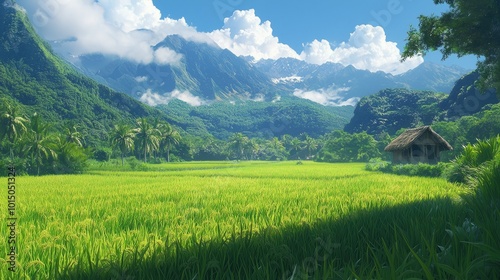 A lush, green rice field on a bright summer day, with a small hut in the distance surrounded by mountains.