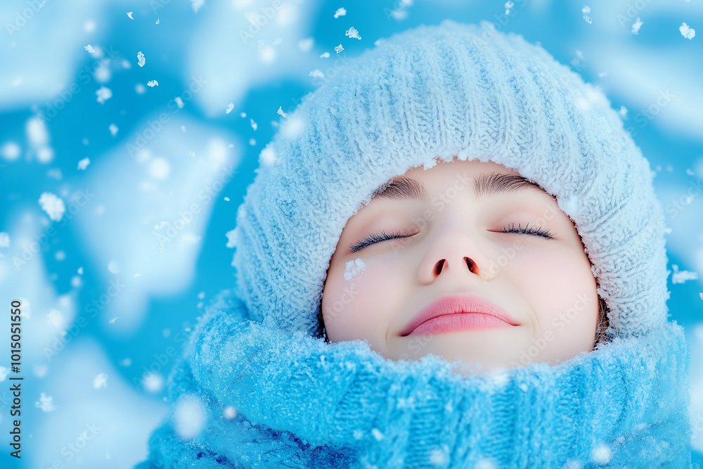 Young woman enjoying a snowy day while lying peacefully in fresh snow during wintertime Young woman enjoying a snowy day while lying peacefully in fresh snow during wintertime