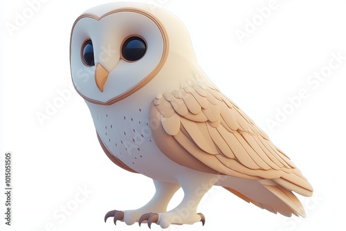 3D icon minimal on isolated white background, cartoon-style owl with big eyes and soft feathers, 3D rendering illustration photo