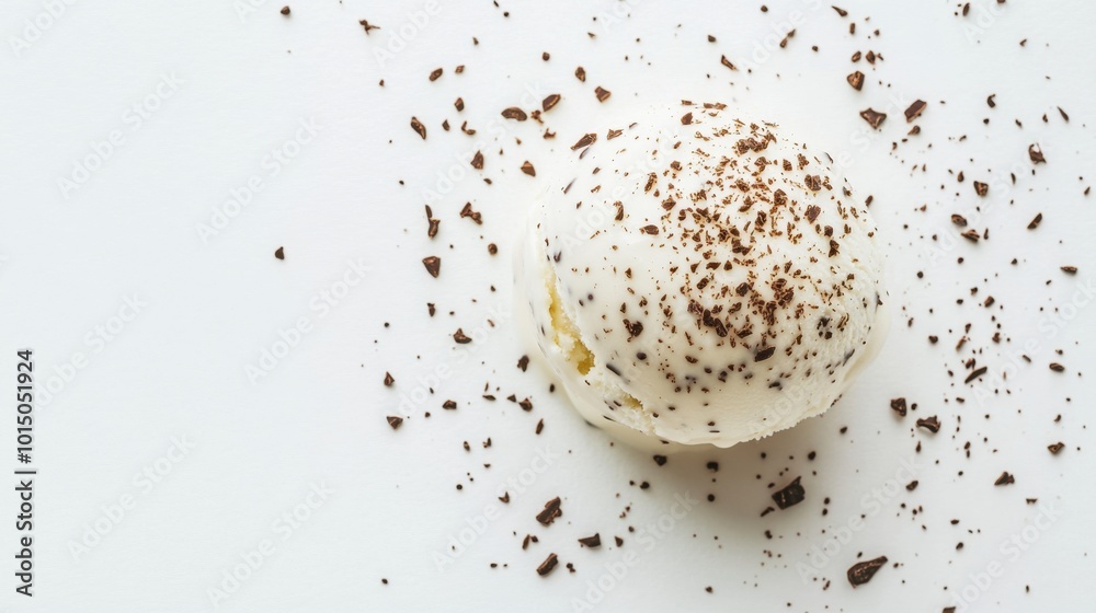 A creamy scoop of vanilla stracciatella ice cream with dark chocolate flakes, flat lay on white background, focusing on indulgent textures A creamy scoop of vanilla stracciatella ice cream with dark chocolate flakes, flat lay on white background, focusing on indulgent textures