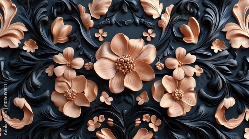 Ornamental Dog Pattern, Black and Peach Floral Dog Seamless Pattern 3d animation