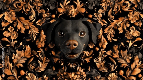 Ornamental Dog Pattern, Black and Peach Floral Dog Seamless Pattern 3d animation
