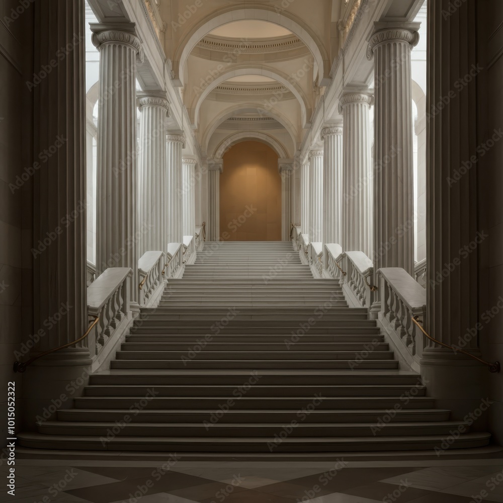 Interior marble stairs with pillars and columns in a palace, castle, or theater set against a white backdrop. Interior marble stairs with pillars and columns in a palace, castle, or theater set against a white backdrop.