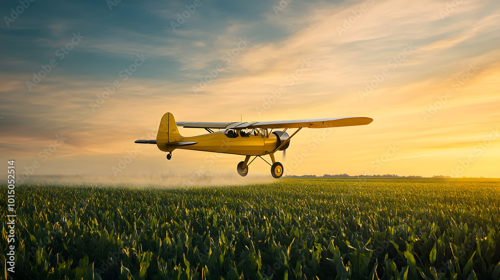 Crop duster aircraft flying over a cornfield and spraying Crop duster aircraft flying over a cornfield and spraying