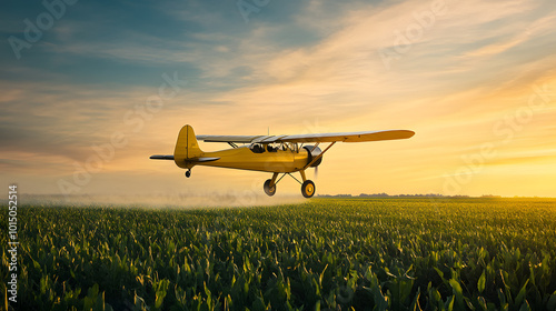 Crop duster aircraft  flying over a cornfield and spraying