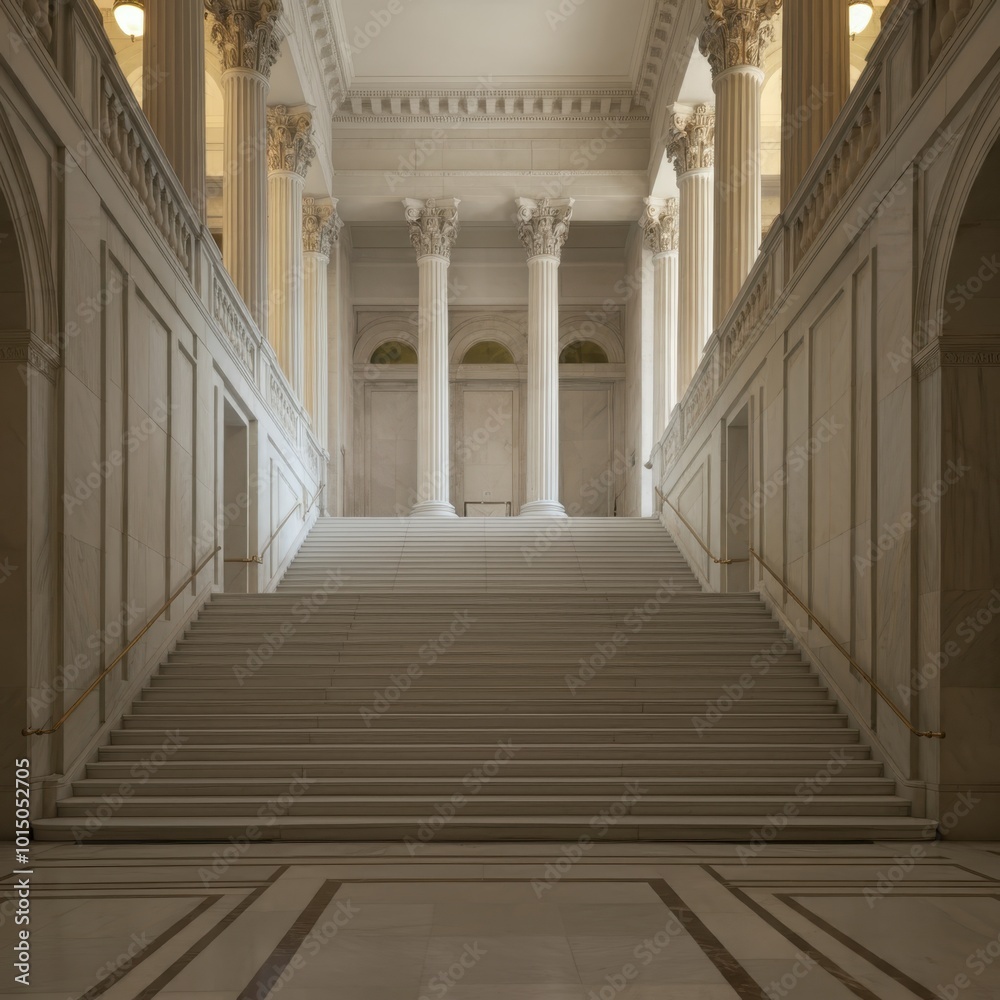 Fototapeta premium Interior marble stairs with pillars and columns in a palace, castle, or theater set against a white backdrop.