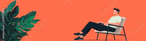 A relaxed man sitting in a modern chair, enjoying a peaceful moment surrounded by vibrant greenery and a bold orange background.