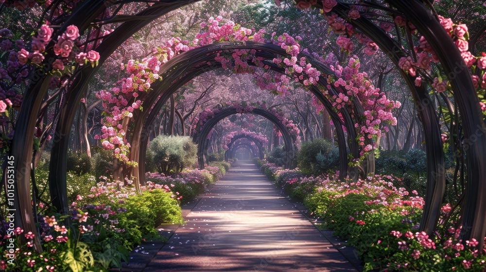 Fototapeta premium Explore the enchanting floral corridor a romantic tunnel of pink blossoms in spring s embrace