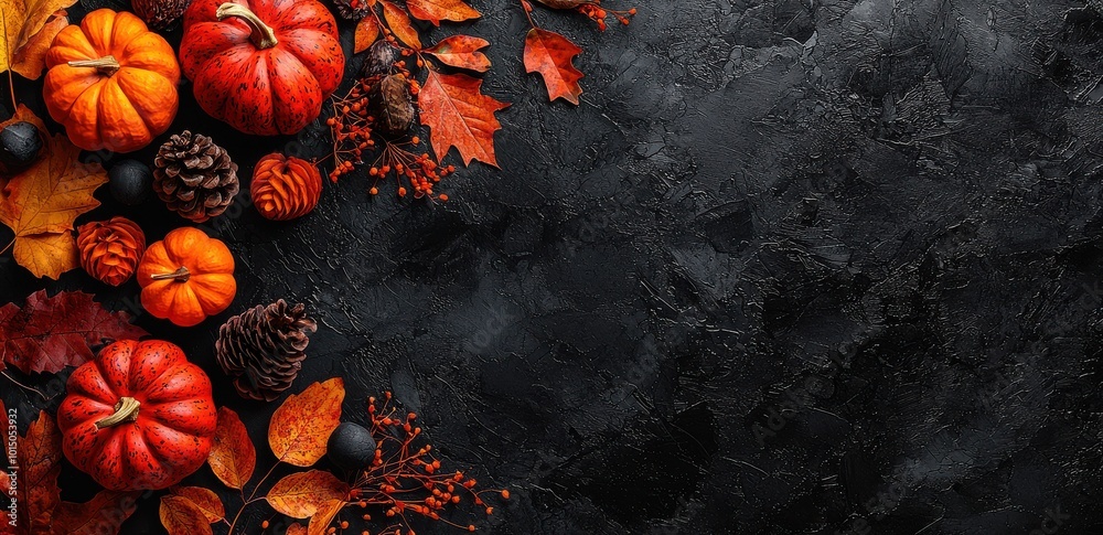 Autumn decorations on black background with pumpkins and leaves for a seasonal holiday theme Autumn decorations on black background with pumpkins and leaves for a seasonal holiday theme