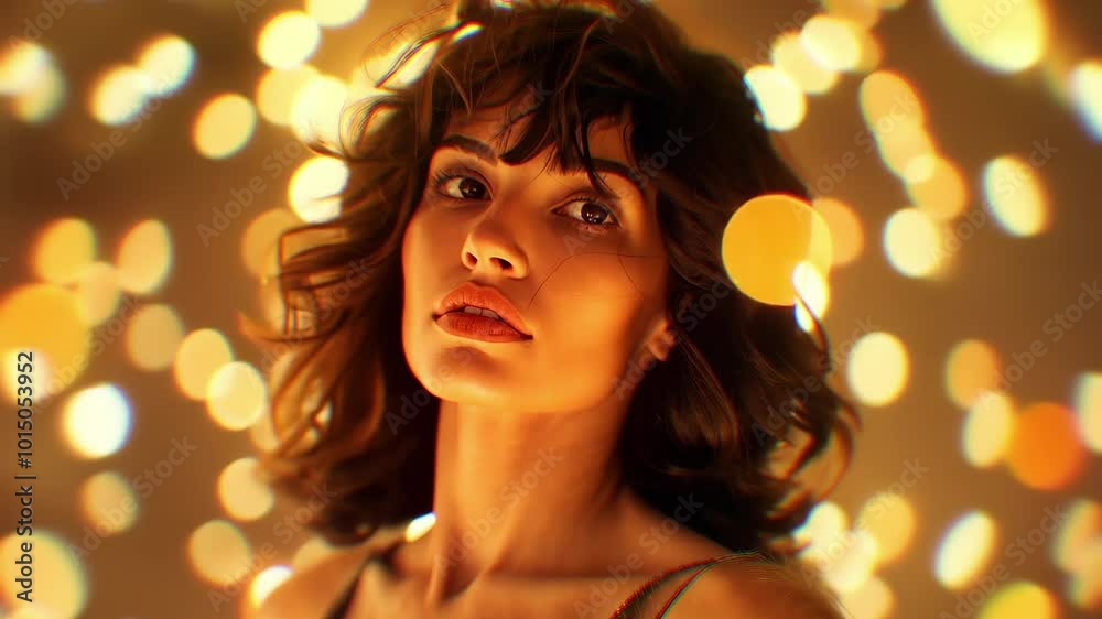 A woman gazing up with soft lighting and warm golden bokeh in the background A woman gazing up with soft lighting and warm golden bokeh in the background