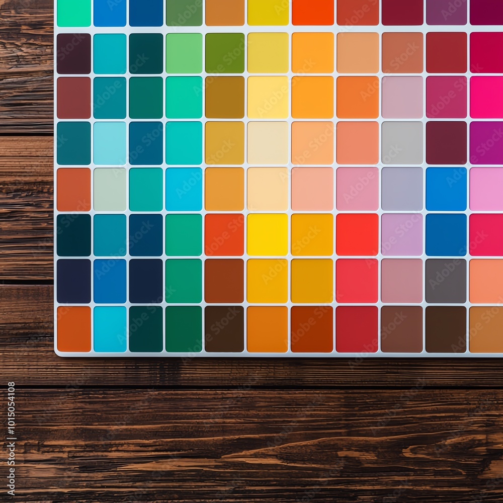 Fototapeta premium A vibrant palette of color swatches displayed on a wooden surface, showcasing a range of hues for design inspiration.