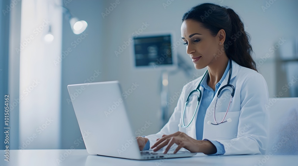 Female Doctor Working Diligently on Laptop in Hospital Office Female Doctor Working Diligently on Laptop in Hospital Office