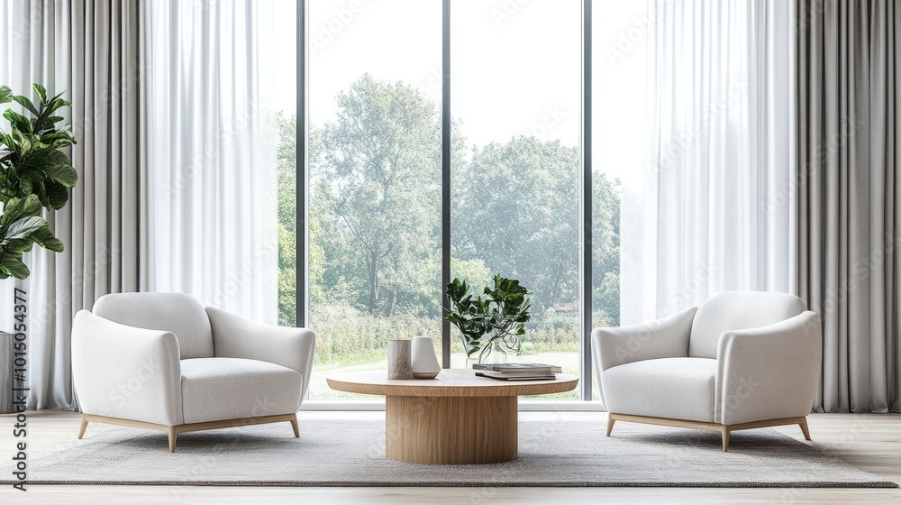 Modern Living Room Interior Design with Panoramic City View and Bright Sunlight