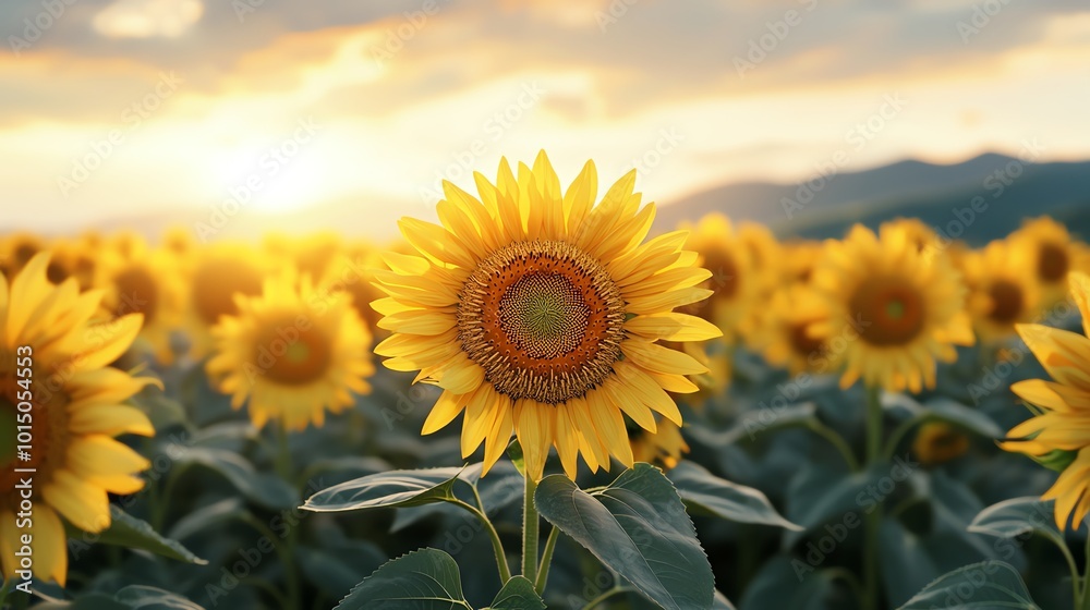 Fototapeta premium Beautiful sunflower blooms under a vibrant sunset sky, showcasing nature's splendor in a serene landscape.