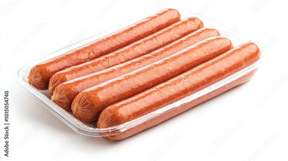 A package of fresh, raw hot dogs isolated on a clean white background with clipping path for easy customization A package of fresh, raw hot dogs isolated on a clean white background with clipping path for easy customization