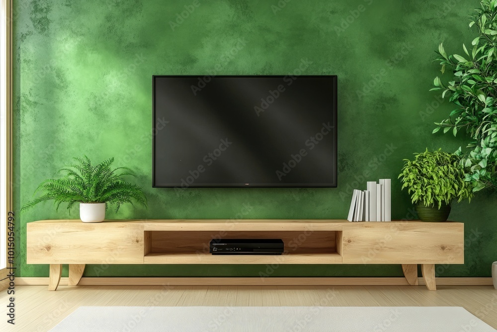 Elegant Living Room Interior with Green Wall and Television Shelf Elegant Living Room Interior with Green Wall and Television Shelf