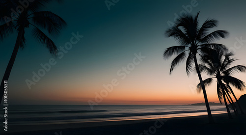 tropical beach sunset with palm trees silhouette