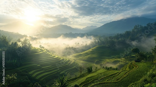 A misty sunrise over rice terraces, with soft light filtering through the clouds onto the fields.