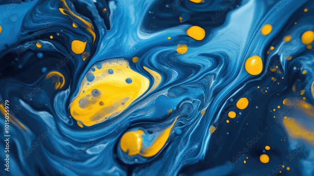 A mixture of blue and yellow paint forming fluid, swirling patterns with a dynamic flow. A mixture of blue and yellow paint forming fluid, swirling patterns with a dynamic flow.