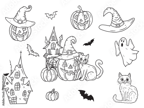 Set of Halloween line drawings haunted house, church, castle, witch hat, pumpkin with a carved face, cat, flying bats, ghost. Hand drawn vector sketch illustration in doodle engraved line art vintage