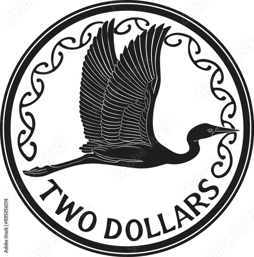 Two dollars coin New Zealand currency with white heron, handmade silhouette.	
