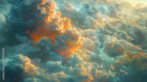 A heaven in the sky with special clouds and colorful sunlight falling on it. photo