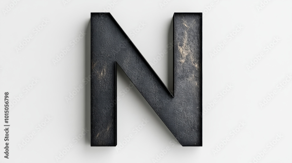 Fototapeta premium A close-up of the letter 'N' made of dark, textured metal, set against a plain white background.